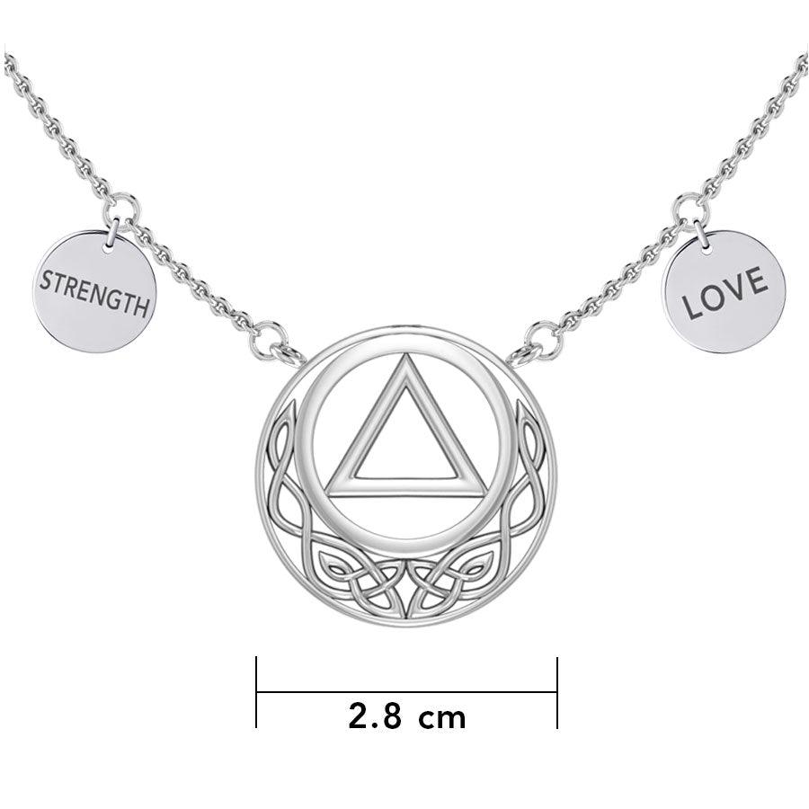 Love And Strength AA Recovery Celtic Sterling Silver Necklace Sobriety Triangle Pendant