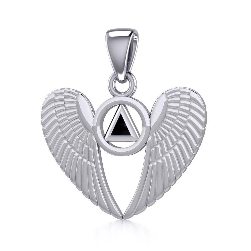 Angel Wings Sterling Silver Pendant With Inlaid Sobriety Triangle Recovery Symbol