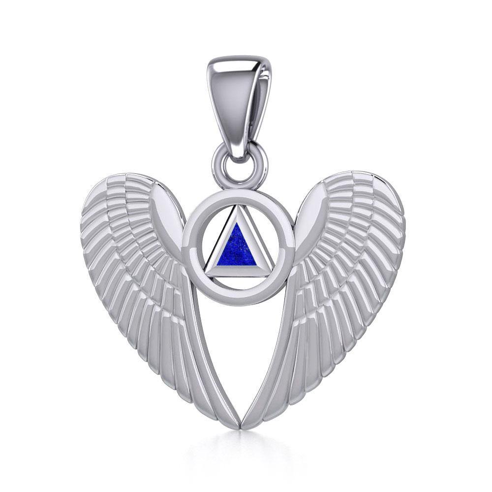 Angel Wings Sterling Silver Pendant With Inlaid Sobriety Triangle Recovery Symbol