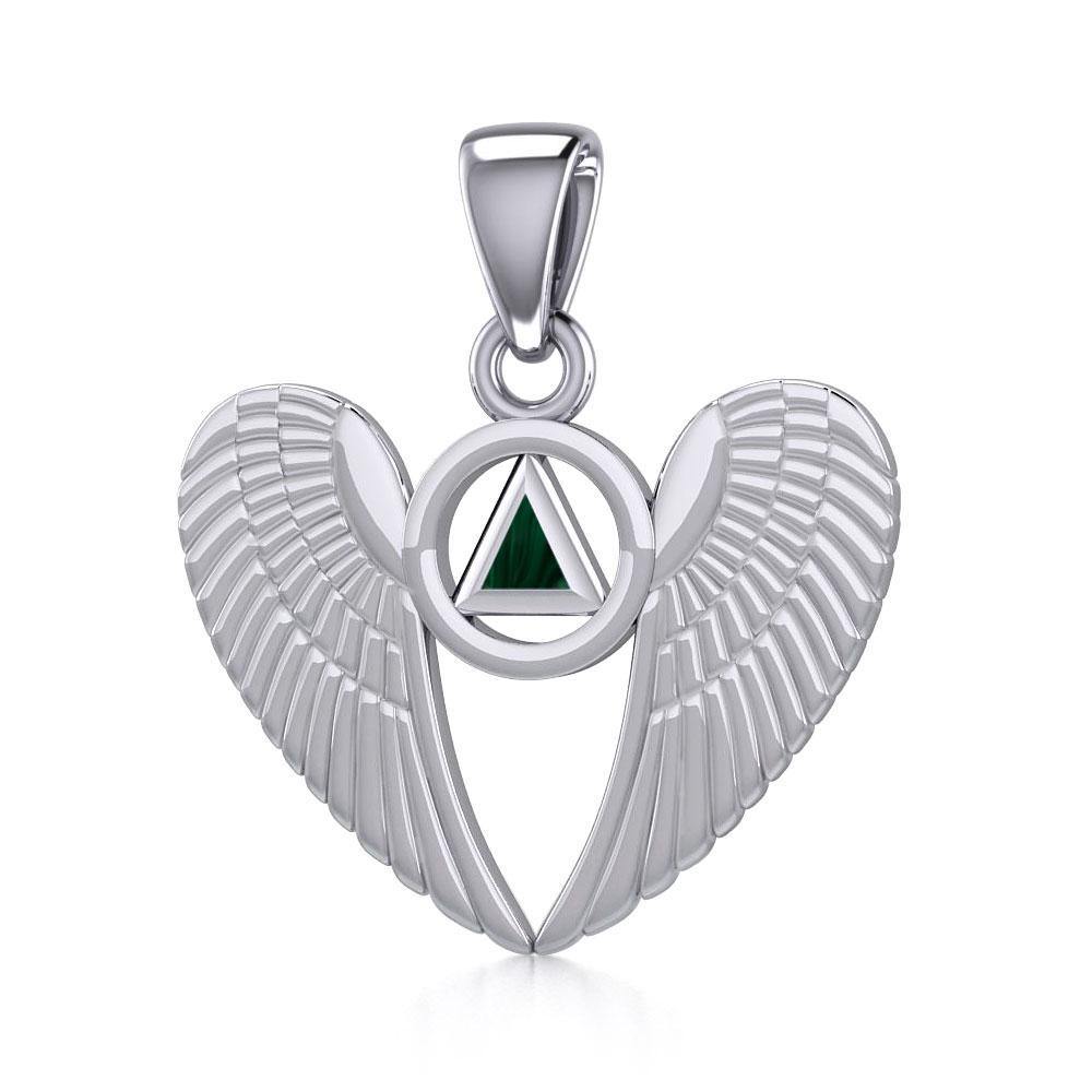 Angel Wings Sterling Silver Pendant With Inlaid Sobriety Triangle Recovery Symbol