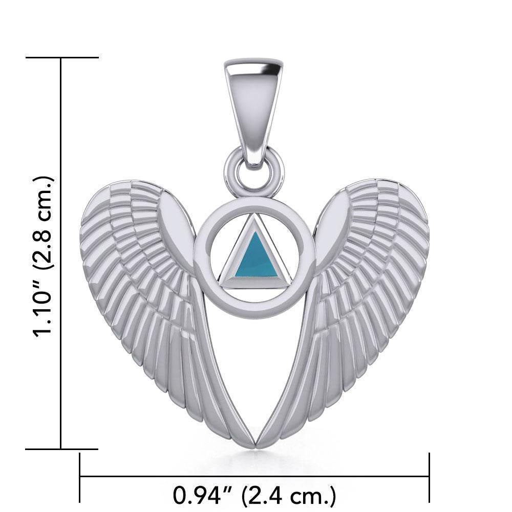 Angel Wings Sterling Silver Pendant With Inlaid Sobriety Triangle Recovery Symbol