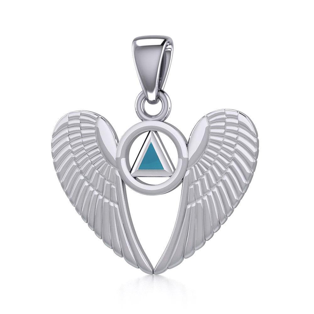 Angel Wings Sterling Silver Pendant With Inlaid Sobriety Triangle Recovery Symbol