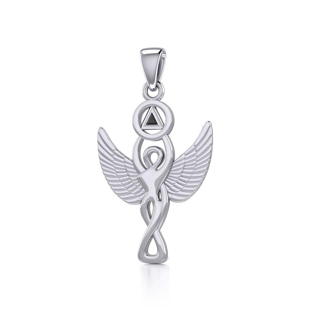 Sterling Silver Winged Goddess Pendant Inlaid Recovery Symbol AA Recovery Collection