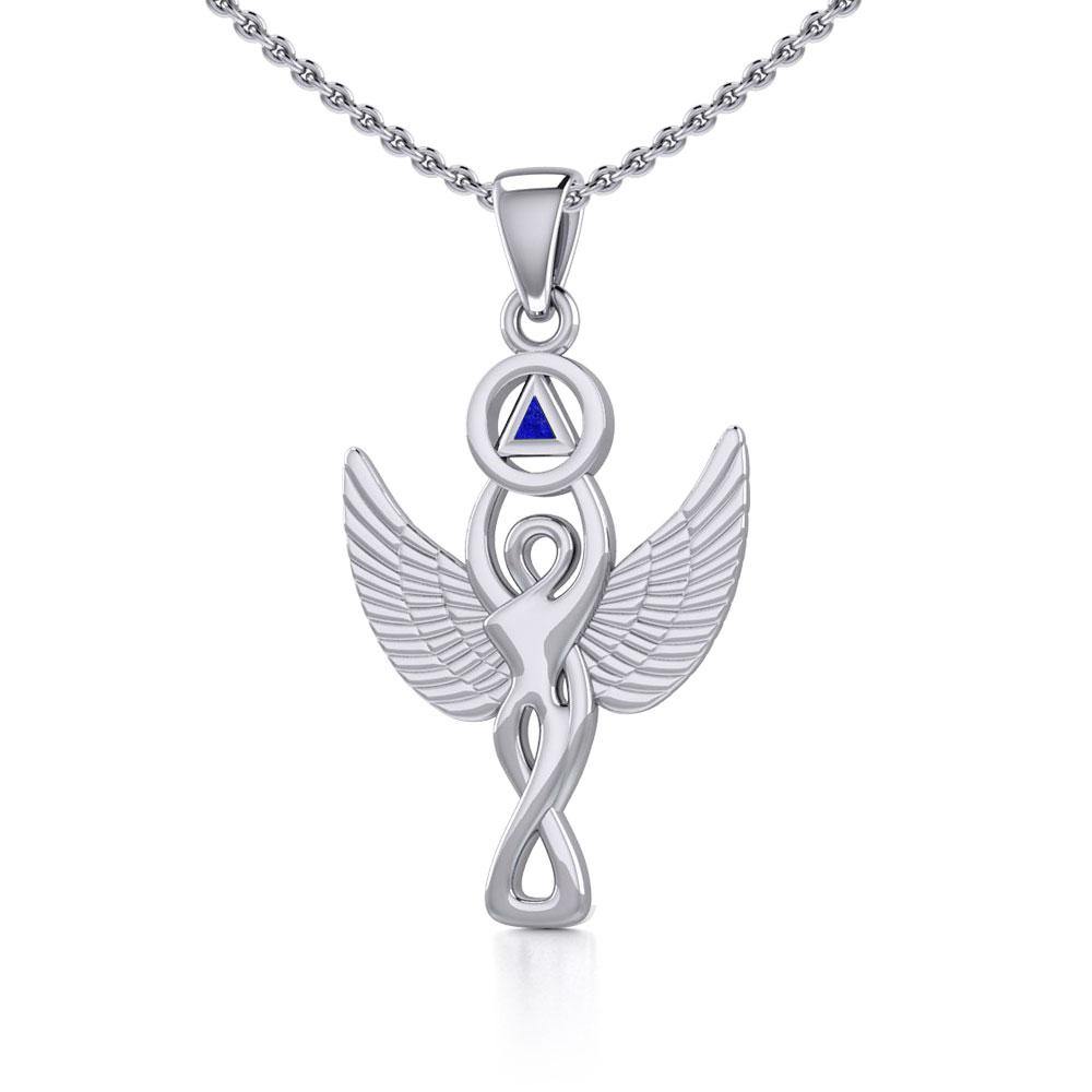 Sterling Silver Winged Goddess Pendant Inlaid Recovery Symbol AA Recovery Collection