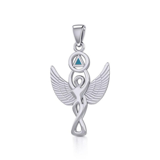 Sterling Silver Winged Goddess Pendant Inlaid Recovery Symbol AA Recovery Collection