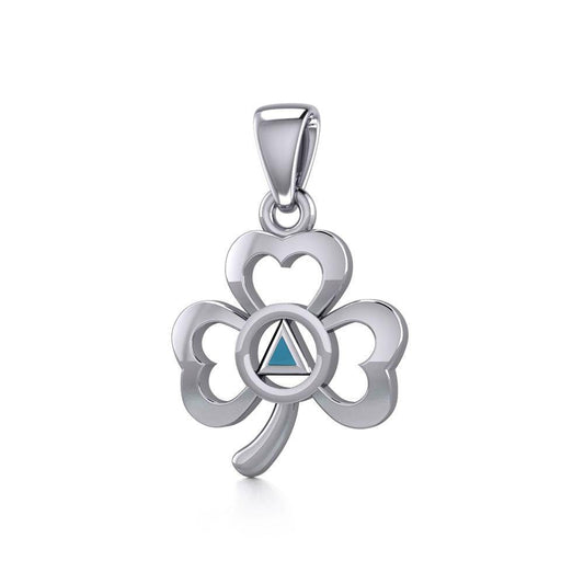 Sterling Silver Celtic Shamrock Pendant With Inlaid Recovery Symbol Necklace