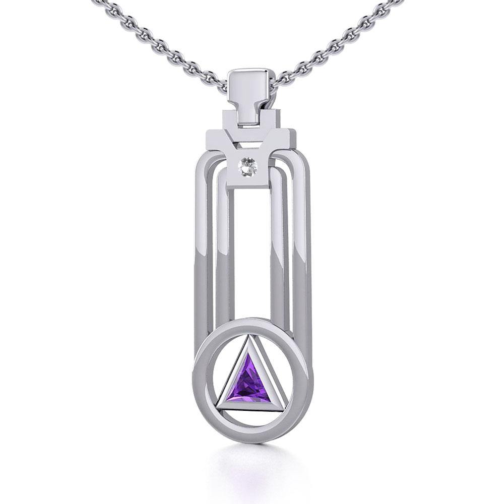 Modern Geometric Sterling Silver Pendant With Gemstone Sobriety Triangle Peter Stone AA Recovery Collection