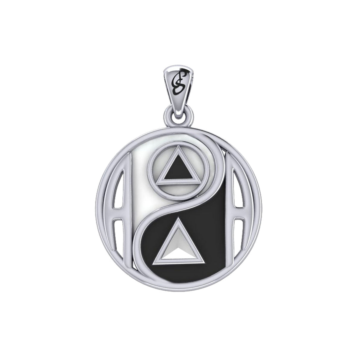 Balancing Yin Yang With AA Recovery Symbol Sterling Silver Pendant With Black And White Enamel
