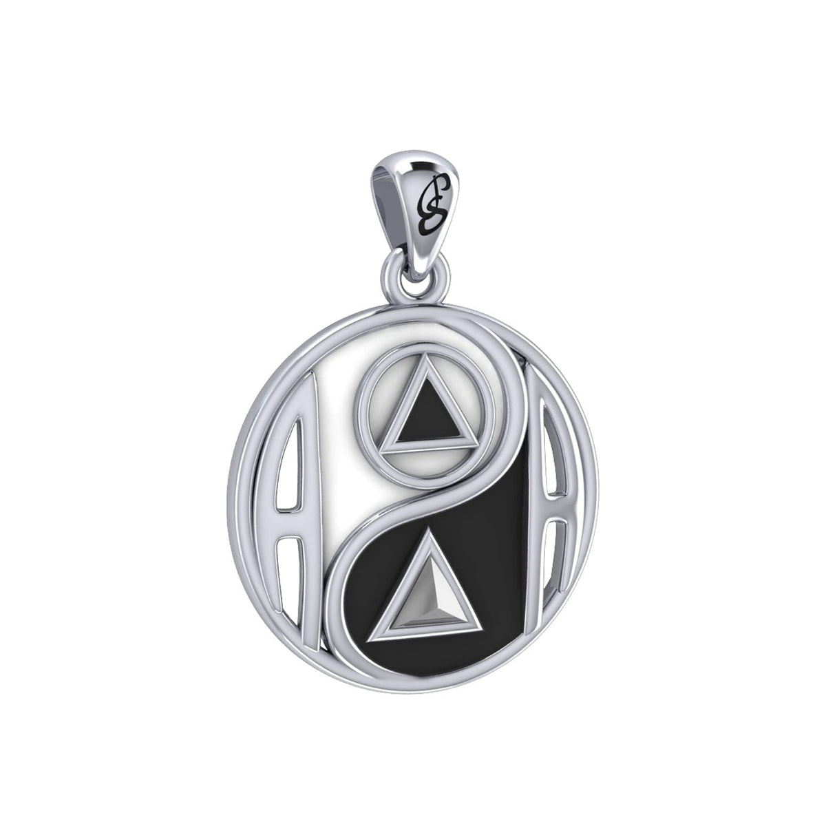 Balancing Yin Yang With AA Recovery Symbol Sterling Silver Pendant With Black And White Enamel