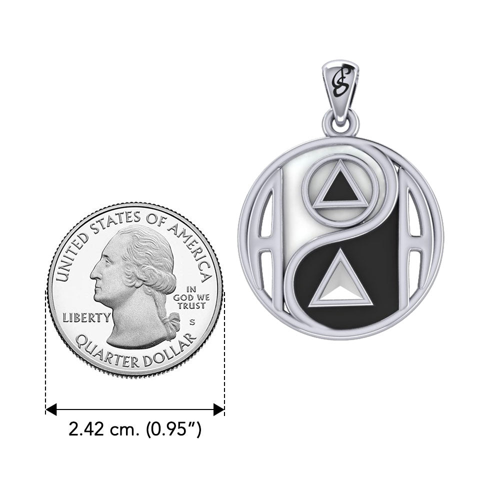 Balancing Yin Yang With AA Recovery Symbol Sterling Silver Pendant With Black And White Enamel