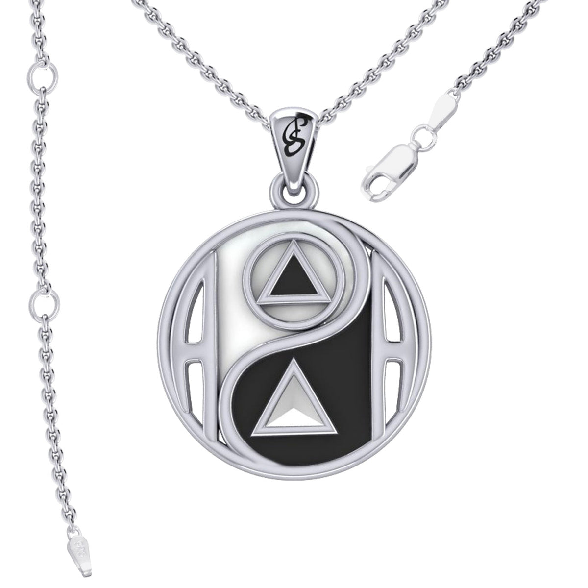 Balancing Yin Yang With AA Recovery Symbol Sterling Silver Pendant With Black And White Enamel