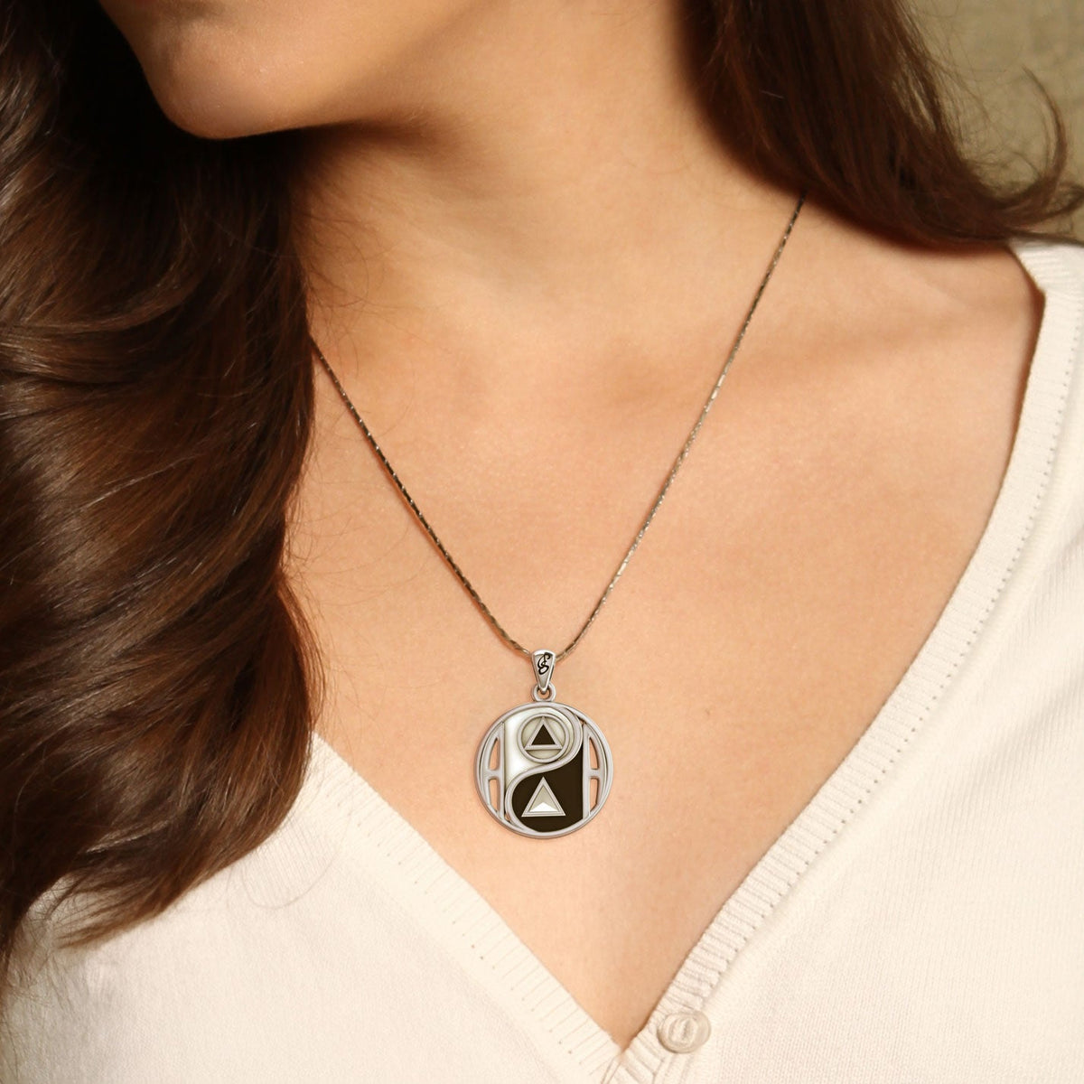 Balancing Yin Yang With AA Recovery Symbol Sterling Silver Pendant With Black And White Enamel