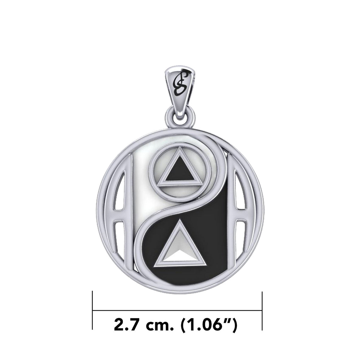 Balancing Yin Yang With AA Recovery Symbol Sterling Silver Pendant With Black And White Enamel