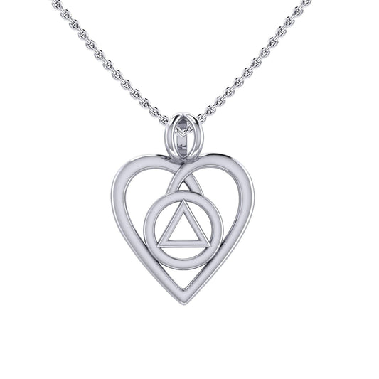 Heart With AA Recovery Symbol Sterling Silver Pendant Necklace Open Heart Design Unity Service Recovery