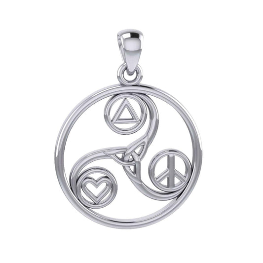Celtic Triskele Sterling Silver Pendant With Peace Heart And Recovery Symbols