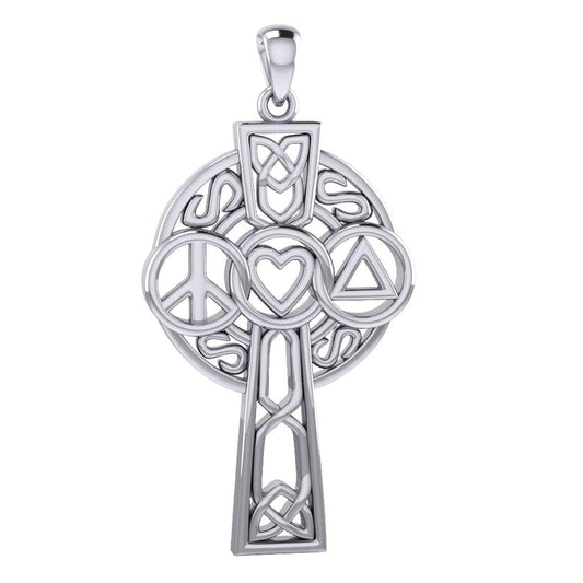 Large Celtic Cross With Heart Peace And Recovery Sterling Silver Pendant