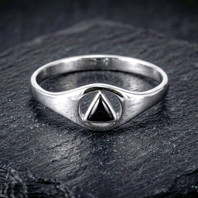 Peter Stone Small Sterling Silver Ring With Inlaid Sobriety Triangle Recovery Symbol From AA Recovery Collection