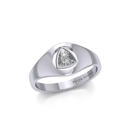 Small Sterling Silver Ring With Inlaid Recovery Symbol Trillion Cut Gemstone