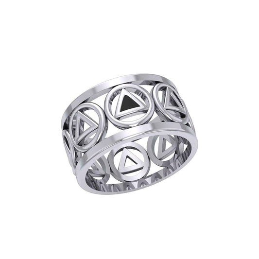 Recovery Sterling Silver Band Ring With Stone Inlay And Recovery Symbol 9mm Wide 925 Sterling Silver