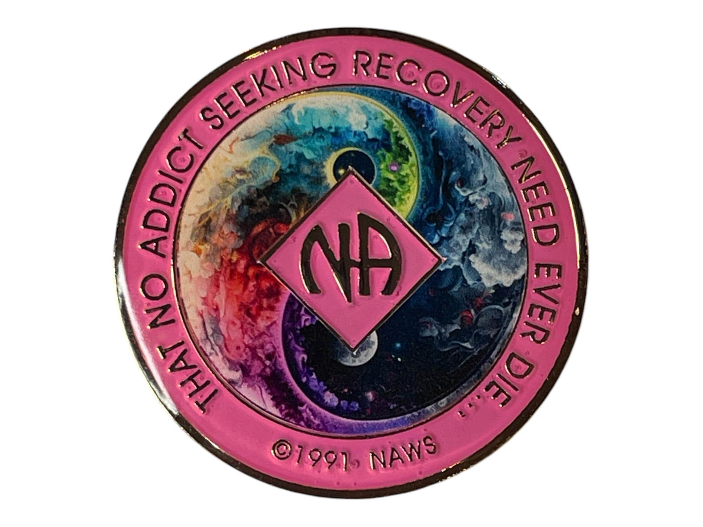 Pink Narcotics Anonymous recovery medallion – yin yang cosmic design with NA logo, sobriety anniversary gift.