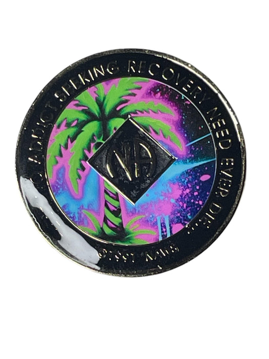 Narcotics Anonymous recovery medallion featuring a neon tropical design with a glowing green palm tree and purple sky, symbolizing peace, renewal, and serenity in recovery.