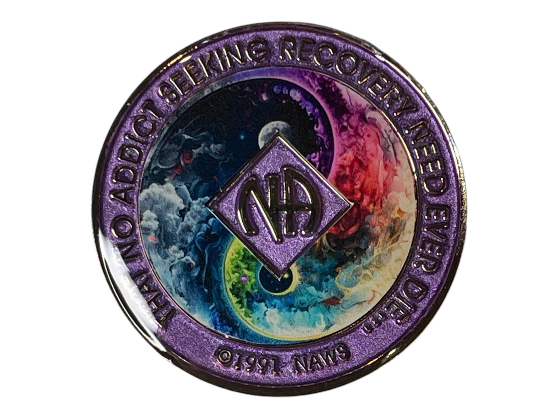 Purple Narcotics Anonymous recovery medallion – yin yang cosmic galaxy design with NA logo, sobriety anniversary gift.