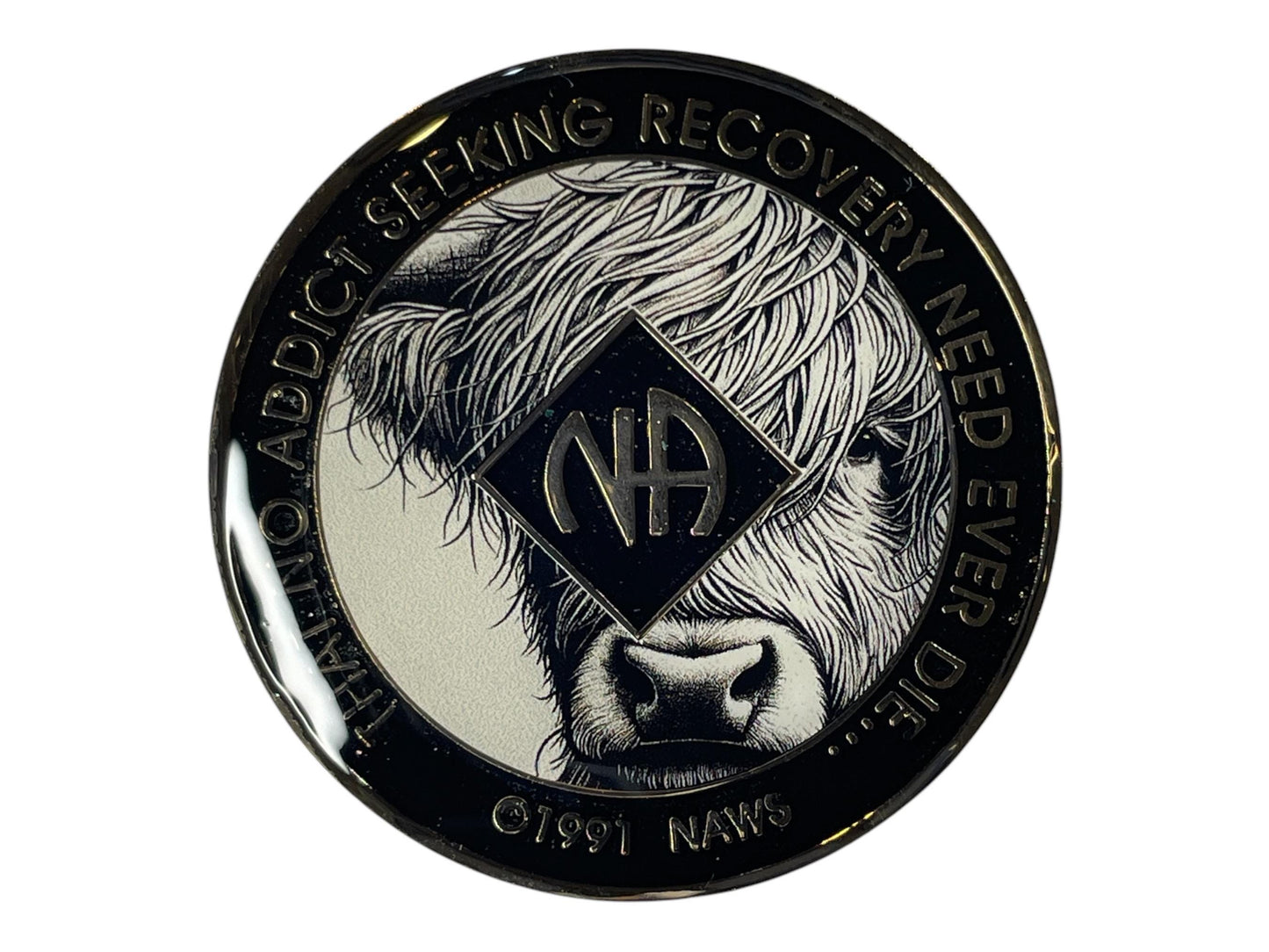 Narcotics Anonymous Medallion - Customizable Sobriety Medallion - Celebrate Recovery Milestones with personalized chip - Highland Cow