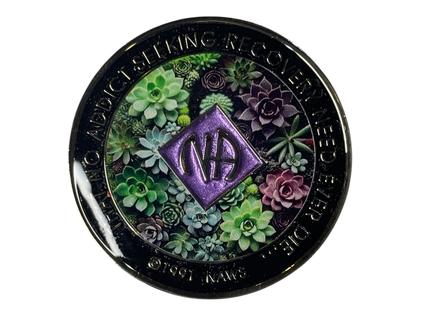 Narcotics Anonymous recovery medallion featuring a vibrant succulent garden design with a purple NA logo, symbolizing growth, resilience, and renewal in addiction recovery.