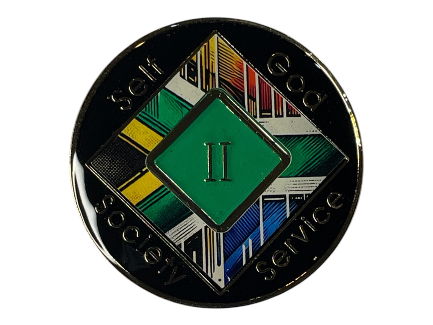 Narcotics Anonymous 2-year recovery medallion featuring the South African flag design with bold green, yellow, blue, red, black, and white colors, representing unity, growth, and spiritual strength in sobriety.