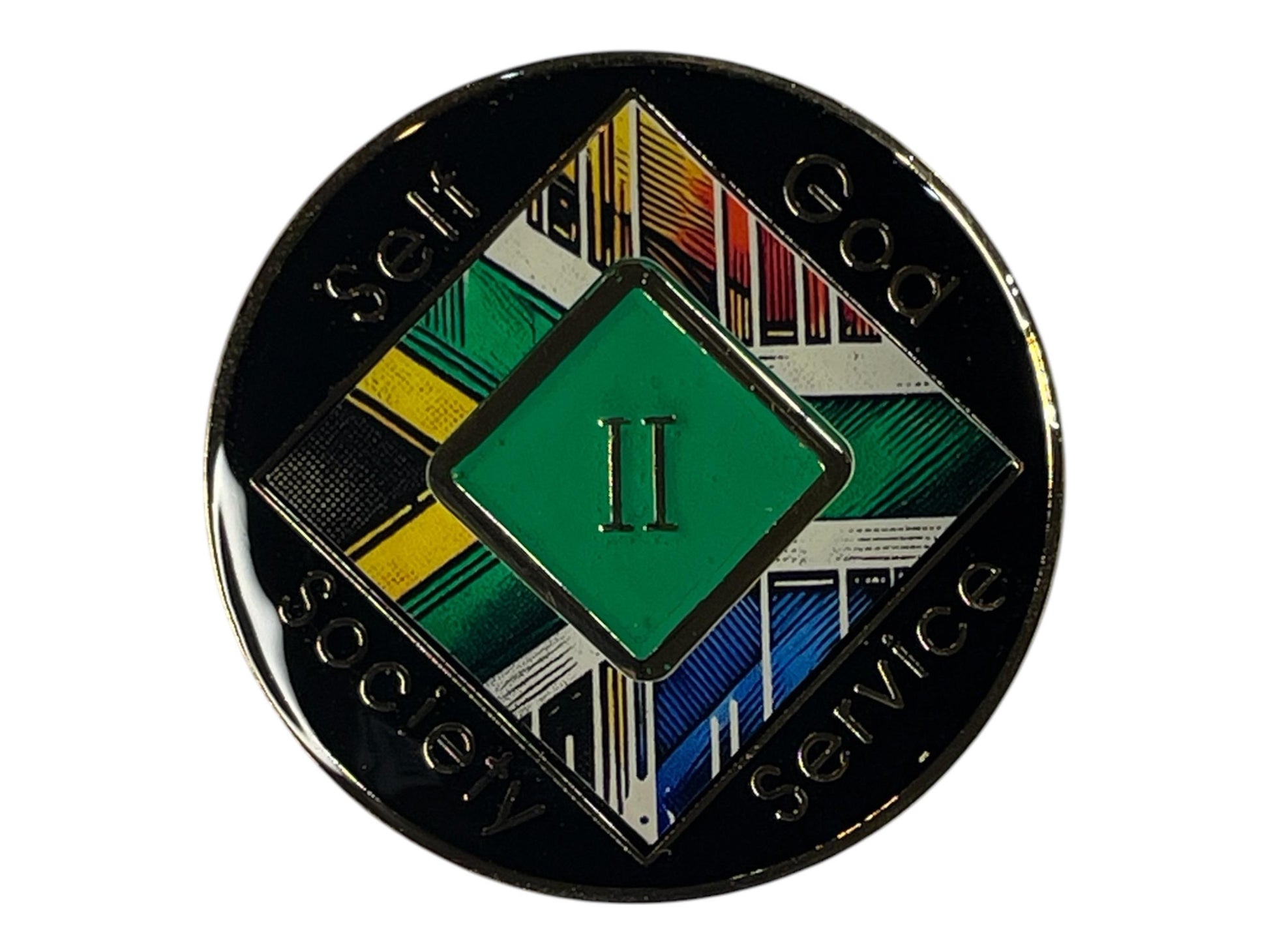 Narcotics Anonymous 2-year recovery medallion featuring the South African flag design with bold green, yellow, blue, red, black, and white colors, representing unity, growth, and spiritual strength in sobriety.
