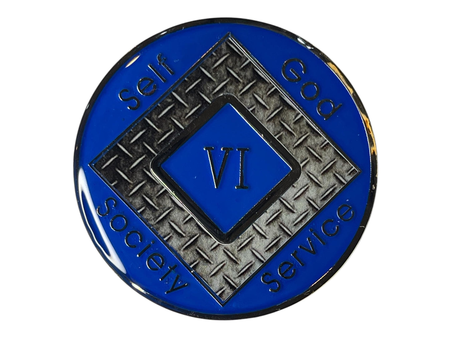 Narcotics Anonymous 6-year recovery medallion featuring a blue enamel design with a diamond plate steel texture background. The center displays the Roman numeral “VI,” surrounded by the words “Self, God, Society, Service,” symbolizing strength, resilience, and six years of clean time in addiction recovery.