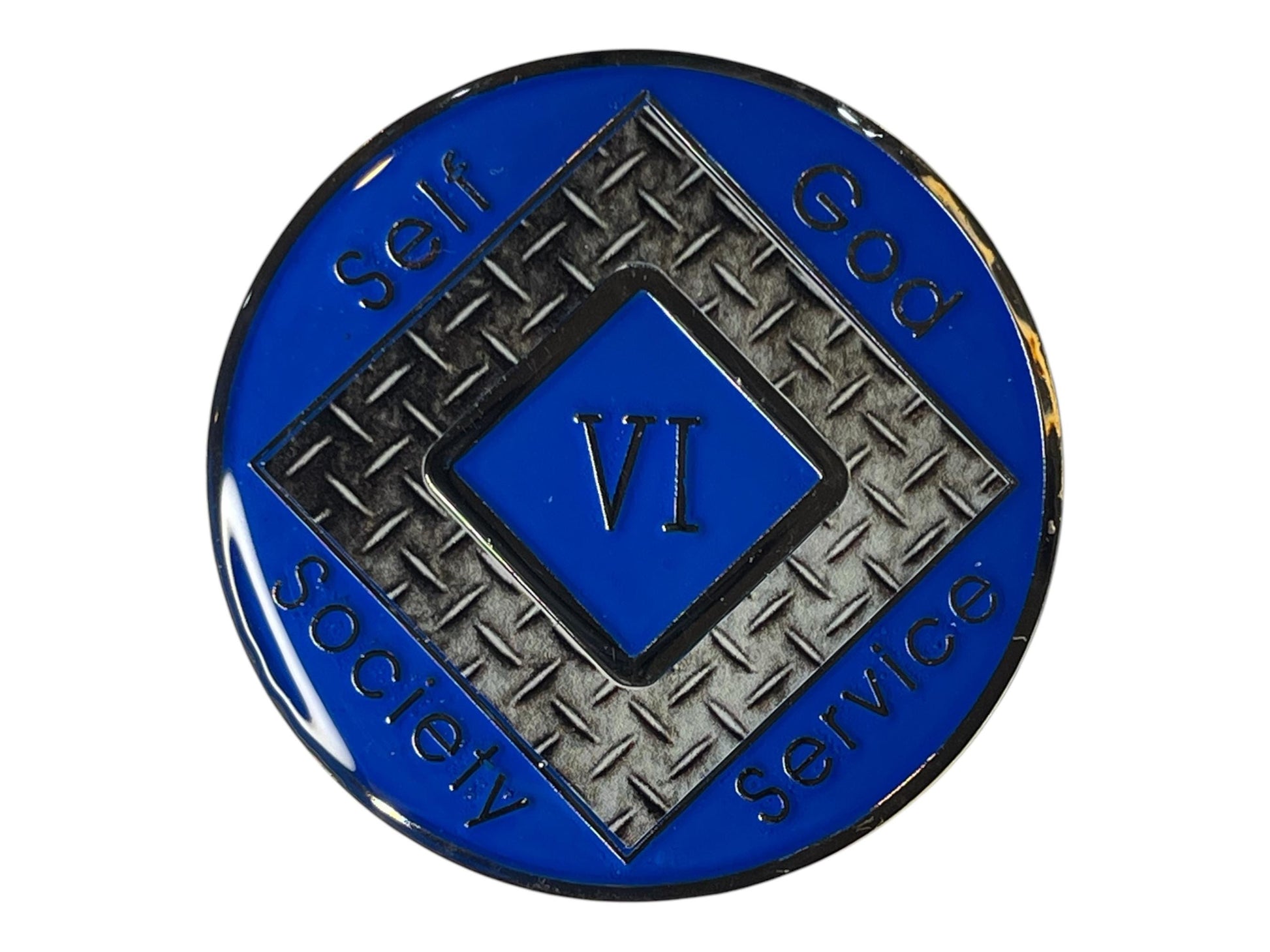 Narcotics Anonymous 6-year recovery medallion featuring a blue enamel design with a diamond plate steel texture background. The center displays the Roman numeral “VI,” surrounded by the words “Self, God, Society, Service,” symbolizing strength, resilience, and six years of clean time in addiction recovery.