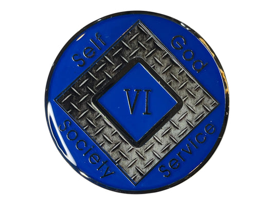 Narcotics Anonymous 6-year recovery medallion featuring a blue enamel design with a diamond plate steel texture background. The center displays the Roman numeral “VI,” surrounded by the words “Self, God, Society, Service,” symbolizing strength, resilience, and six years of clean time in addiction recovery.