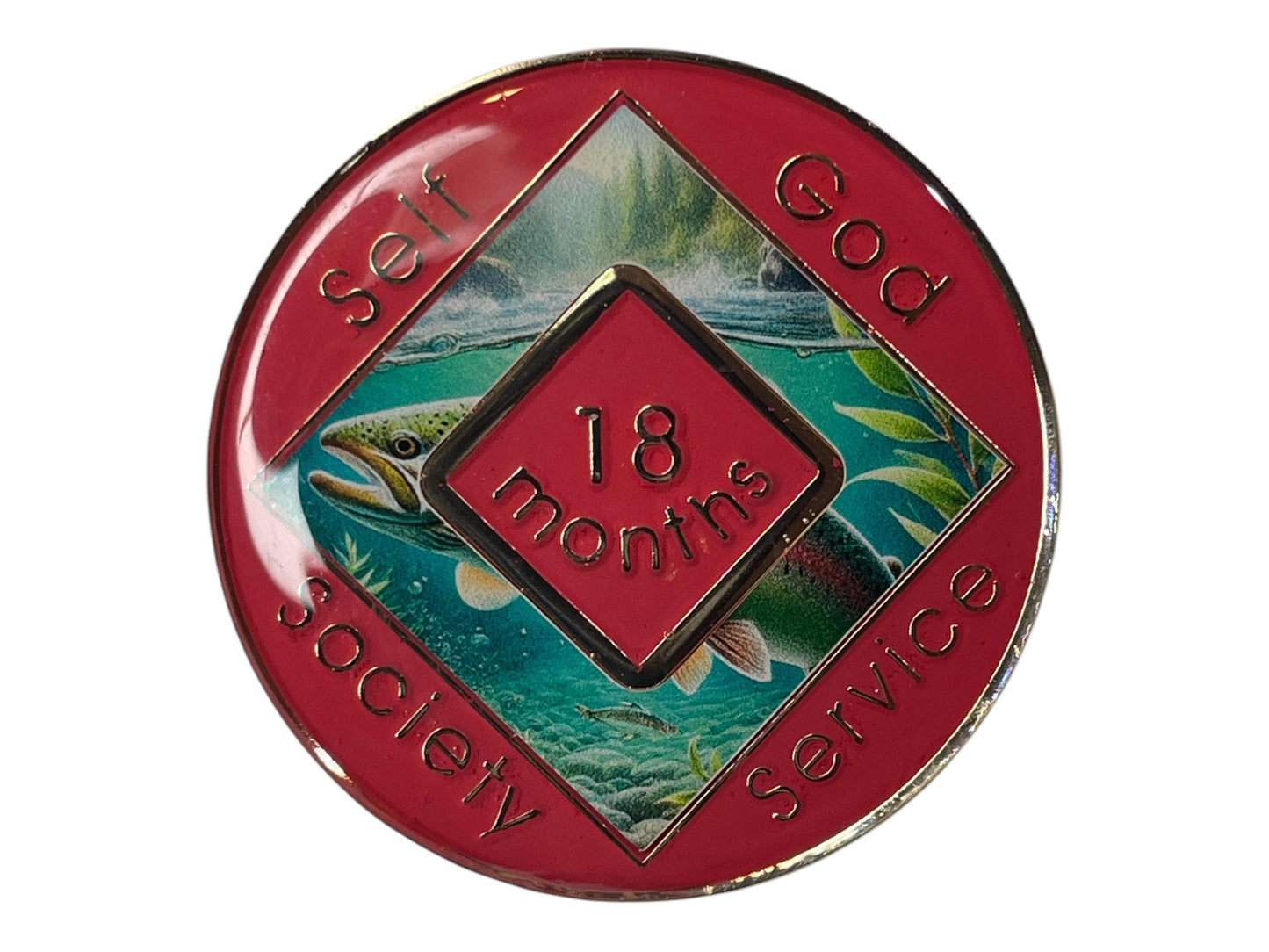 Narcotics Anonymous 18-month recovery medallion with a vivid underwater rainbow trout design and red enamel border. The coin features the words “Self, God, Society, Service,” symbolizing growth and balance in recovery — an inspiring sobriety token for celebrating 18 months clean.