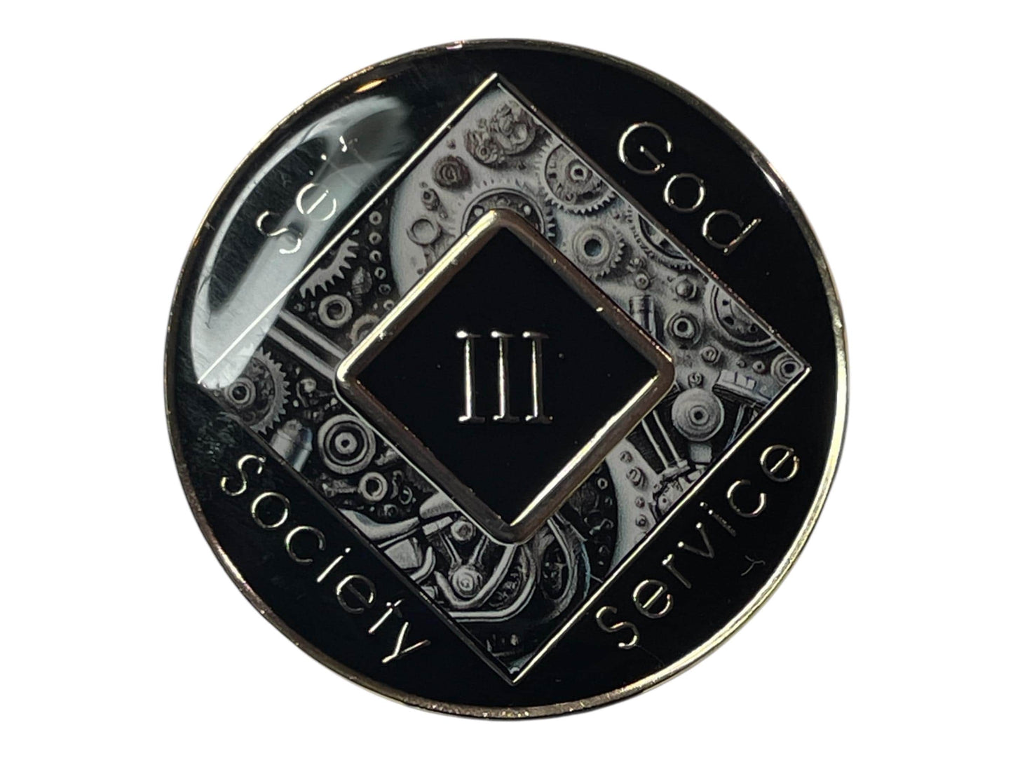 Narcotics Anonymous 3-year recovery medallion featuring black and silver mechanical gear and motorcycle engine design with ‘Self, God, Society, Service’ text — symbolizing unity, progress, and strength in addiction recovery.
