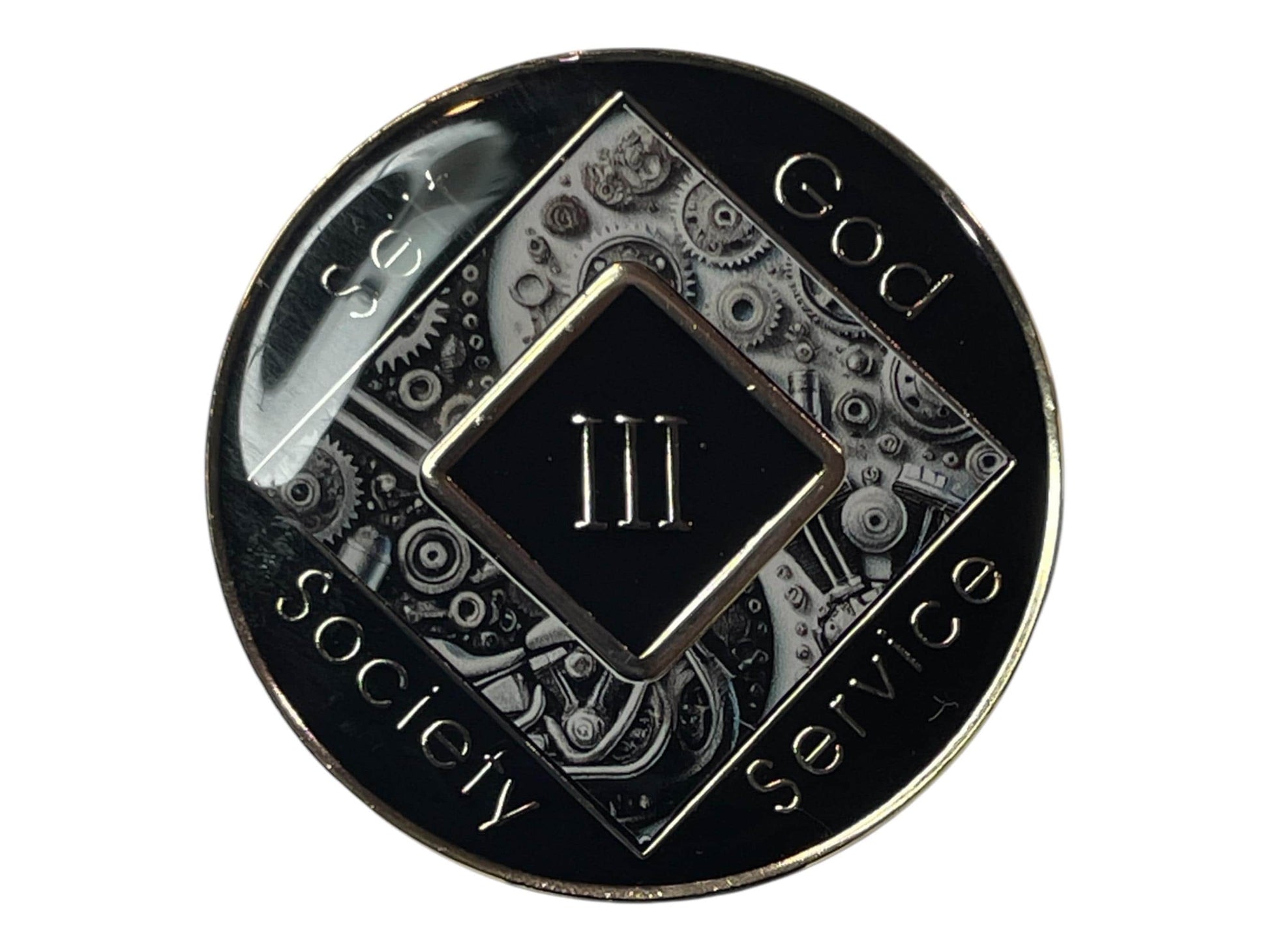 Narcotics Anonymous 3-year recovery medallion featuring black and silver mechanical gear and motorcycle engine design with ‘Self, God, Society, Service’ text — symbolizing unity, progress, and strength in addiction recovery.