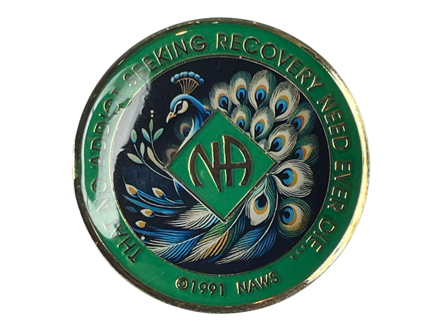 Narcotics Anonymous green recovery medallion featuring a vibrant peacock design with the NA logo, symbolizing renewal, beauty, and spiritual growth in addiction recovery.