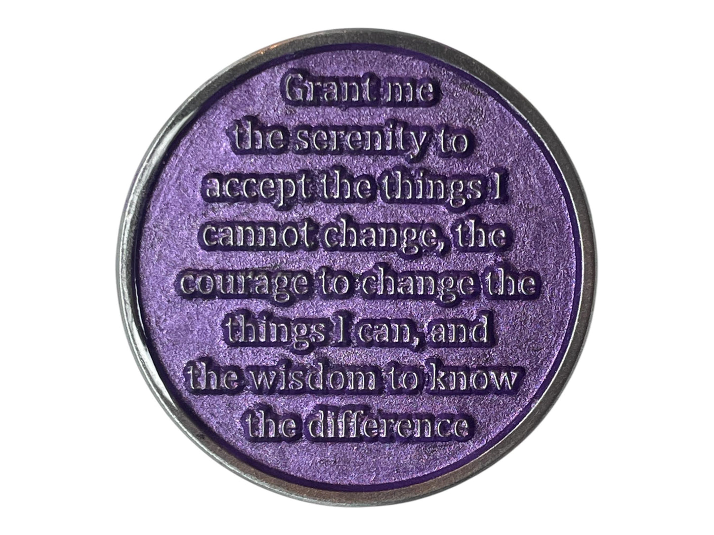 Purple AA medallion engraved with the Serenity Prayer: “Grant me the serenity to accept the things I cannot change, the courage to change the things I can, and the wisdom to know the difference.” The metallic purple background symbolizes peace, courage, and wisdom in recovery and sobriety.