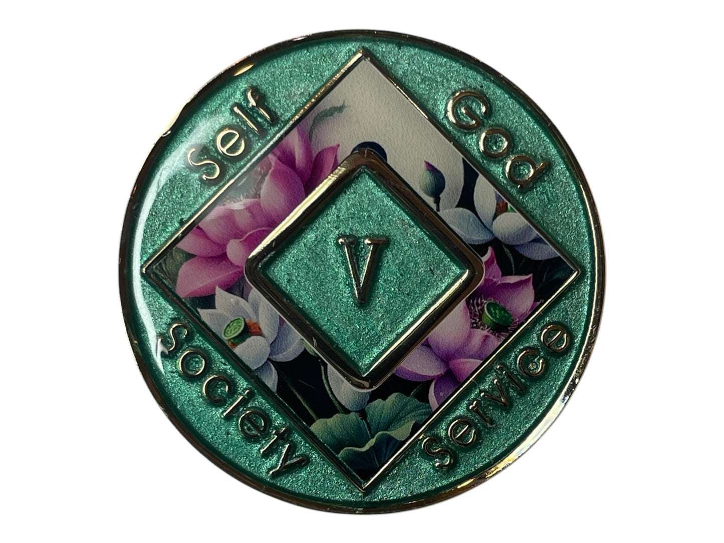Narcotics Anonymous 5-year sobriety medallion with shimmering green border, lotus flower design, and the words Self, God, Society, Service surrounding the Roman numeral V.