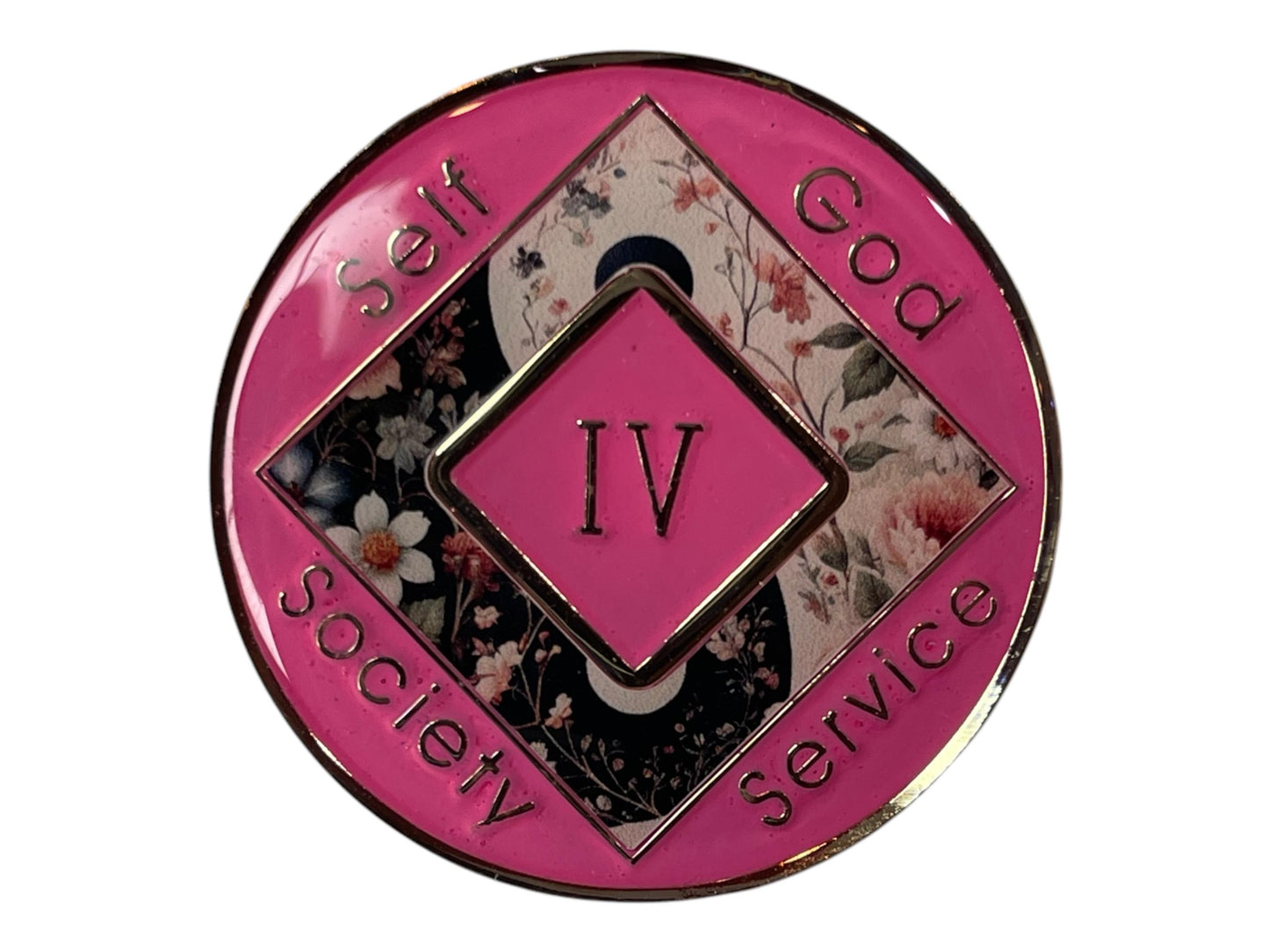 Narcotics Anonymous 4 year medallion with floral yin yang design, NA sobriety anniversary coin IV years, recovery chip with NA symbol, handmade resin NA token.