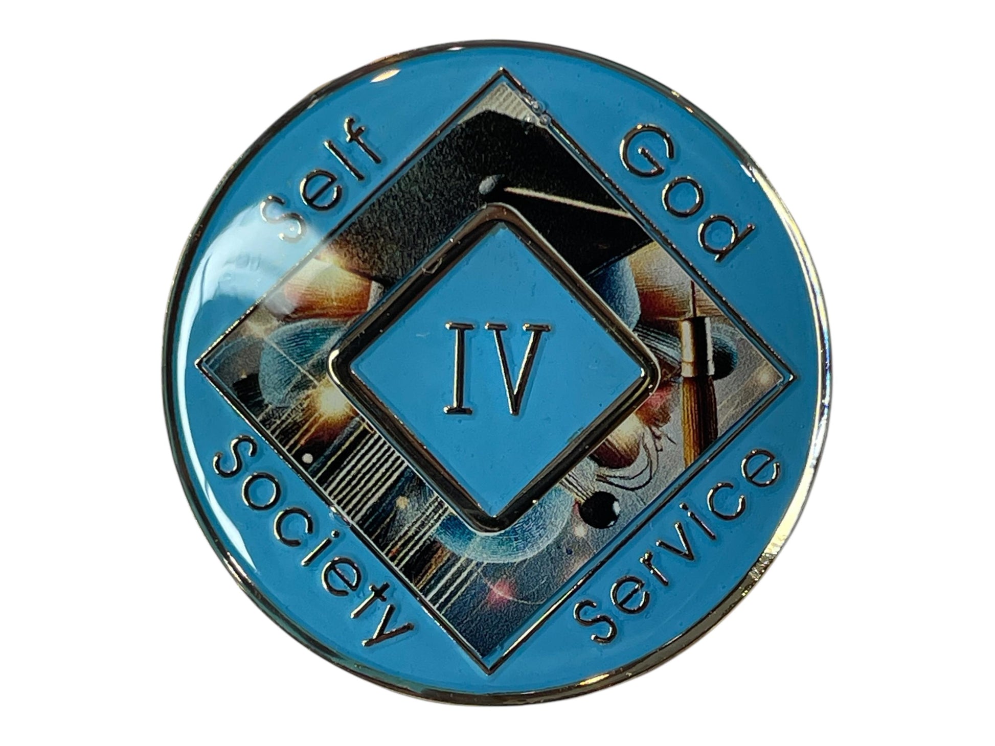 Narcotics Anonymous 4-year recovery medallion with a graduation cap and diploma design, representing educational growth, personal achievement, and the continuous journey of sobriety and recovery.