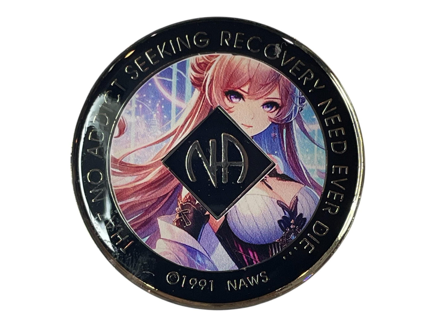 Narcotics Anonymous recovery medallion featuring an anime-style fantasy woman illustration with a celestial background and black enamel border. The coin bears the NA logo and the quote “That No Addict Seeking Recovery Need Ever Die,” blending artistic expression with the spirit of hope, healing, and transformation in recovery.
