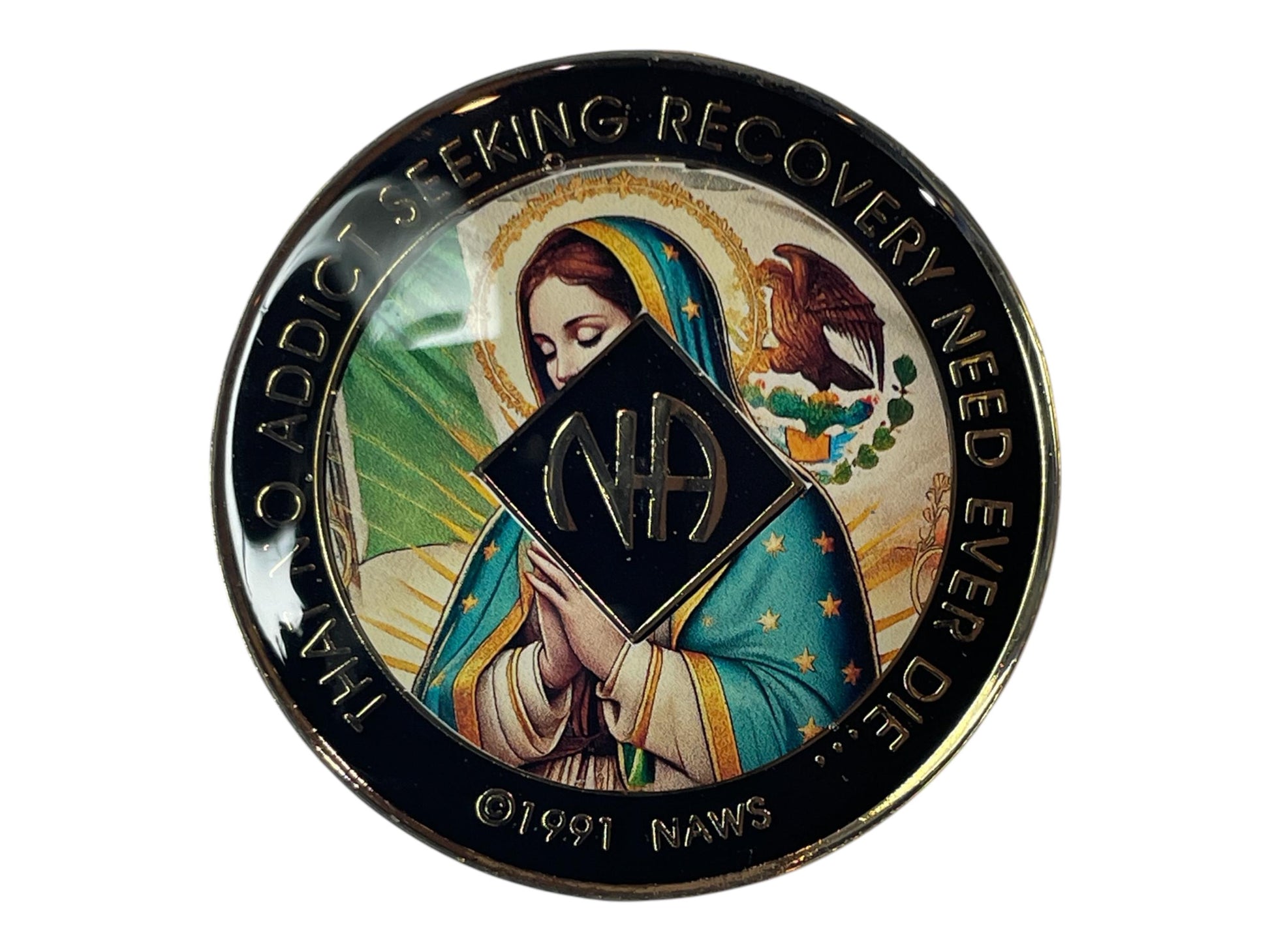 Narcotics Anonymous black recovery medallion featuring an image of the Virgin of Guadalupe with the NA logo, symbolizing faith, hope, and spiritual protection on the journey of addiction recovery.
