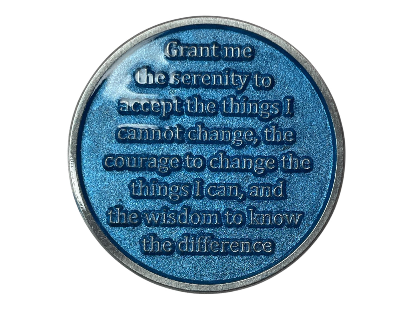 Blue AA medallion engraved with the Serenity Prayer: “Grant me the serenity to accept the things I cannot change, the courage to change the things I can, and the wisdom to know the difference.” The metallic blue finish symbolizes calm, strength, and peace found through recovery and spiritual growth.