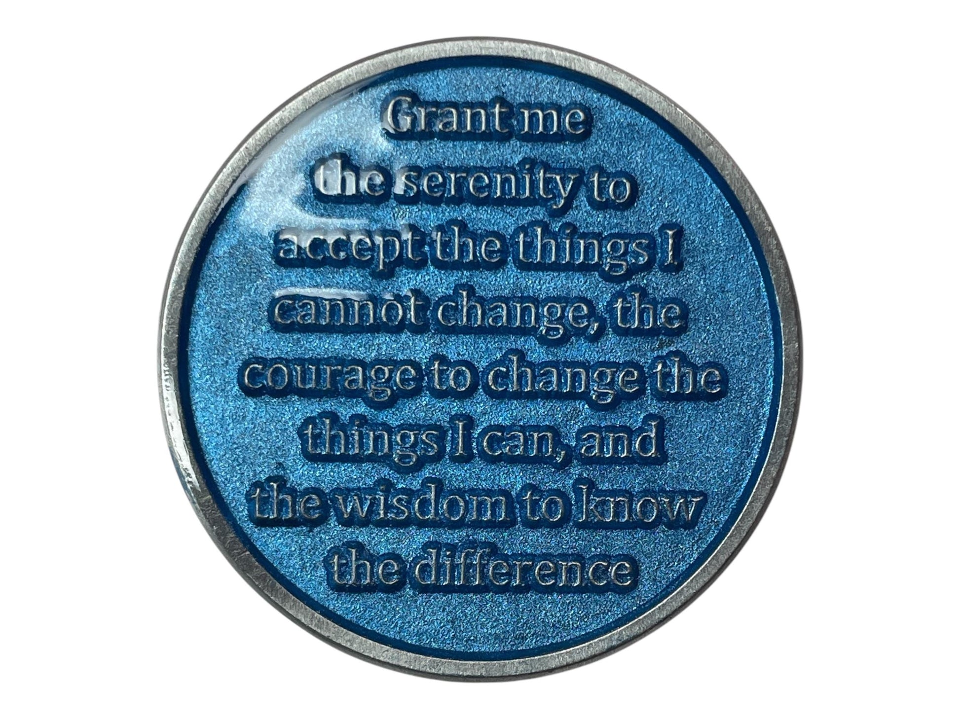 Blue AA medallion engraved with the Serenity Prayer: “Grant me the serenity to accept the things I cannot change, the courage to change the things I can, and the wisdom to know the difference.” The metallic blue finish symbolizes calm, strength, and peace found through recovery and spiritual growth.