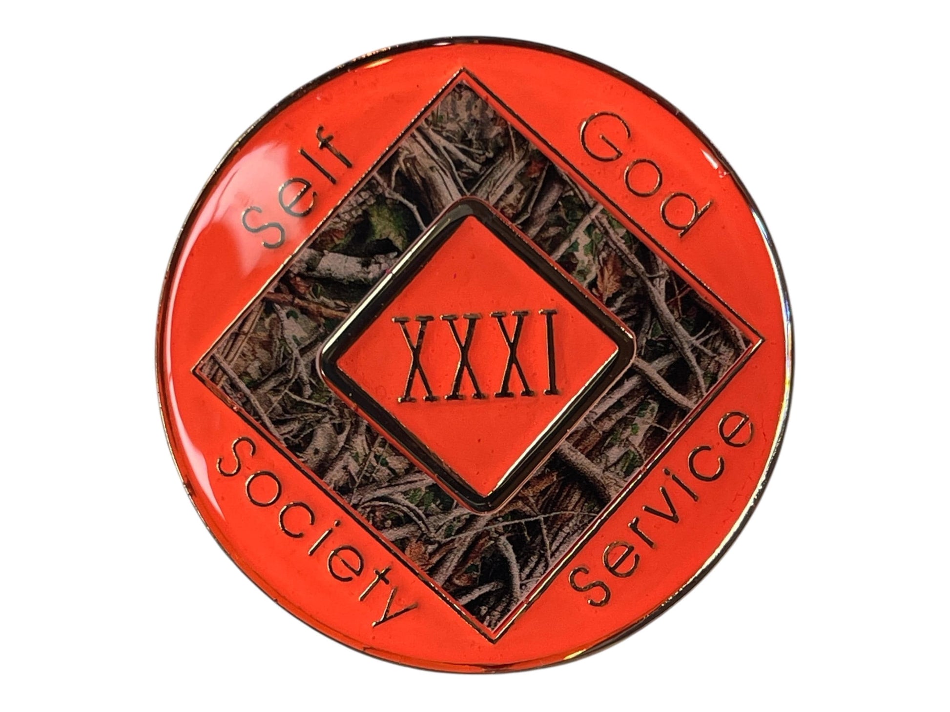Narcotics Anonymous 31-year recovery medallion featuring a woodland camouflage design with twigs and forest textures, symbolizing endurance and connection to nature. The medallion has a vibrant orange metallic border engraved with “Self, God, Society, Service,” and a central diamond displaying the Roman numeral XXXI, representing thirty-one years clean and a life rooted in recovery and strength.
