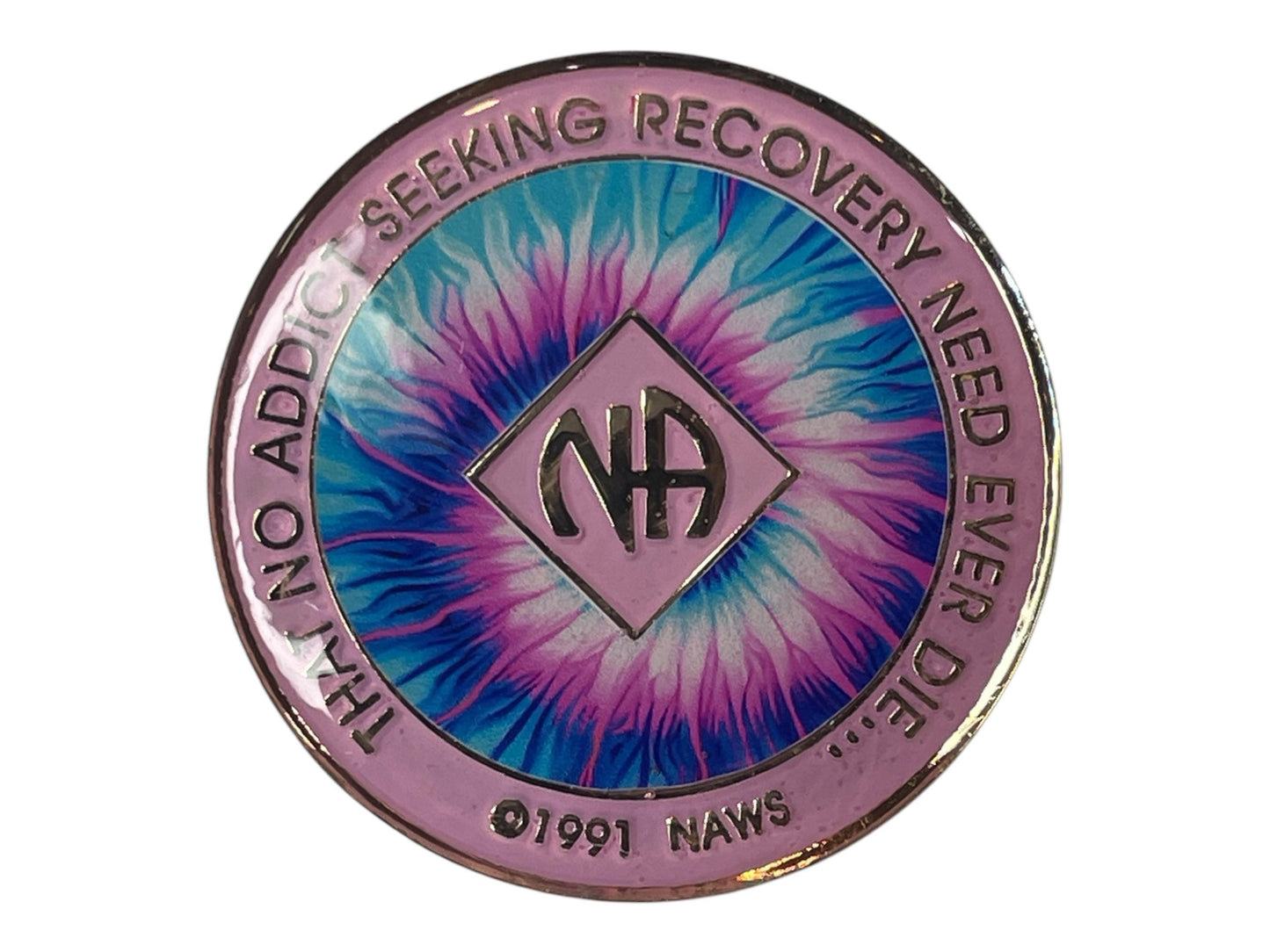 Narcotics Anonymous tie-dye recovery medallion with vibrant purple, blue, and white swirl design, featuring the NA logo and the quote “That No Addict Seeking Recovery Need Ever Die,” symbolizing unity, growth, and spiritual awakening in recovery.