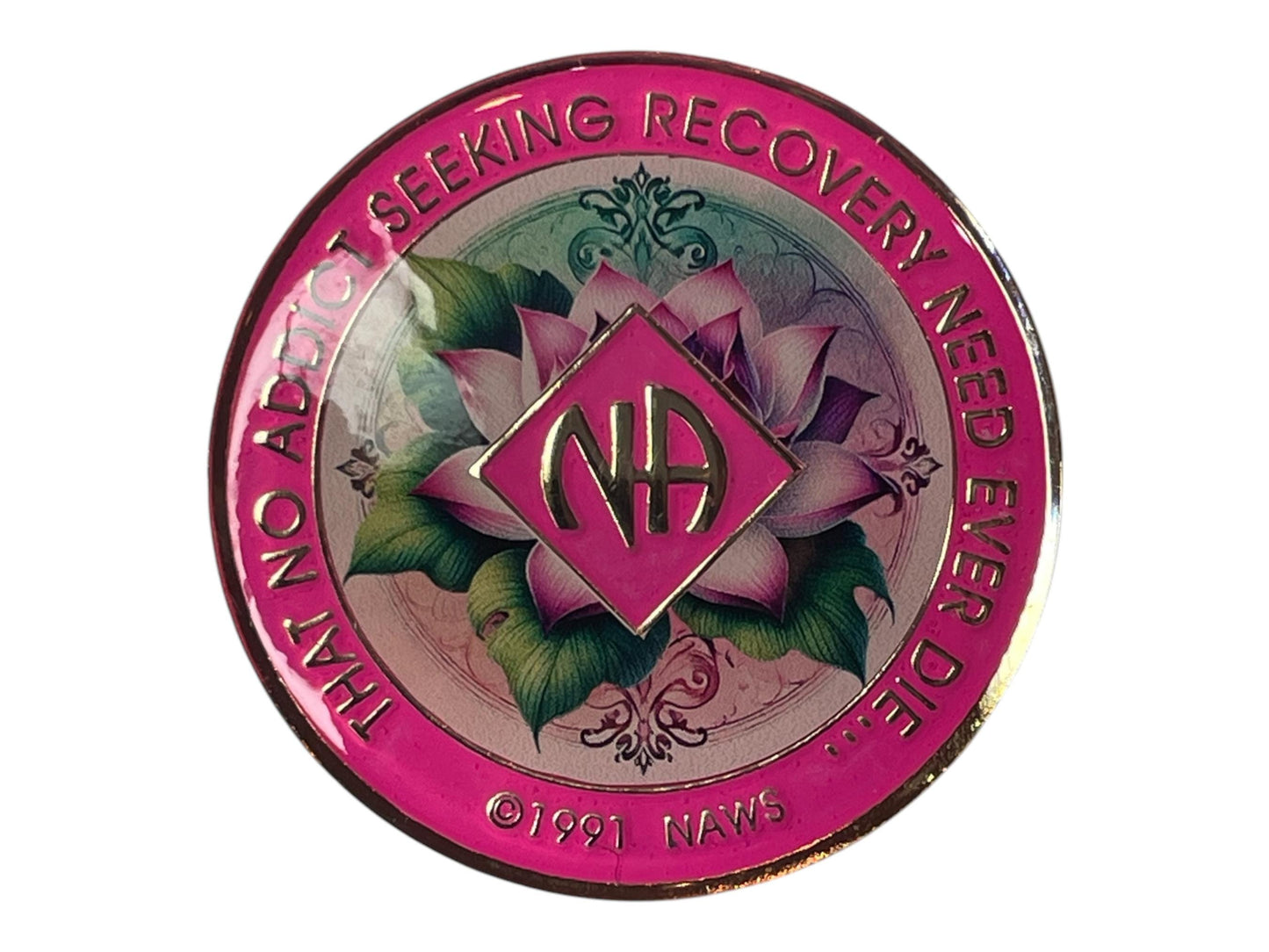 Narcotics Anonymous recovery medallion featuring a pink lotus flower design, symbolizing spiritual growth, renewal, and serenity in sobriety, with the NA logo centered and a bright pink enamel border.