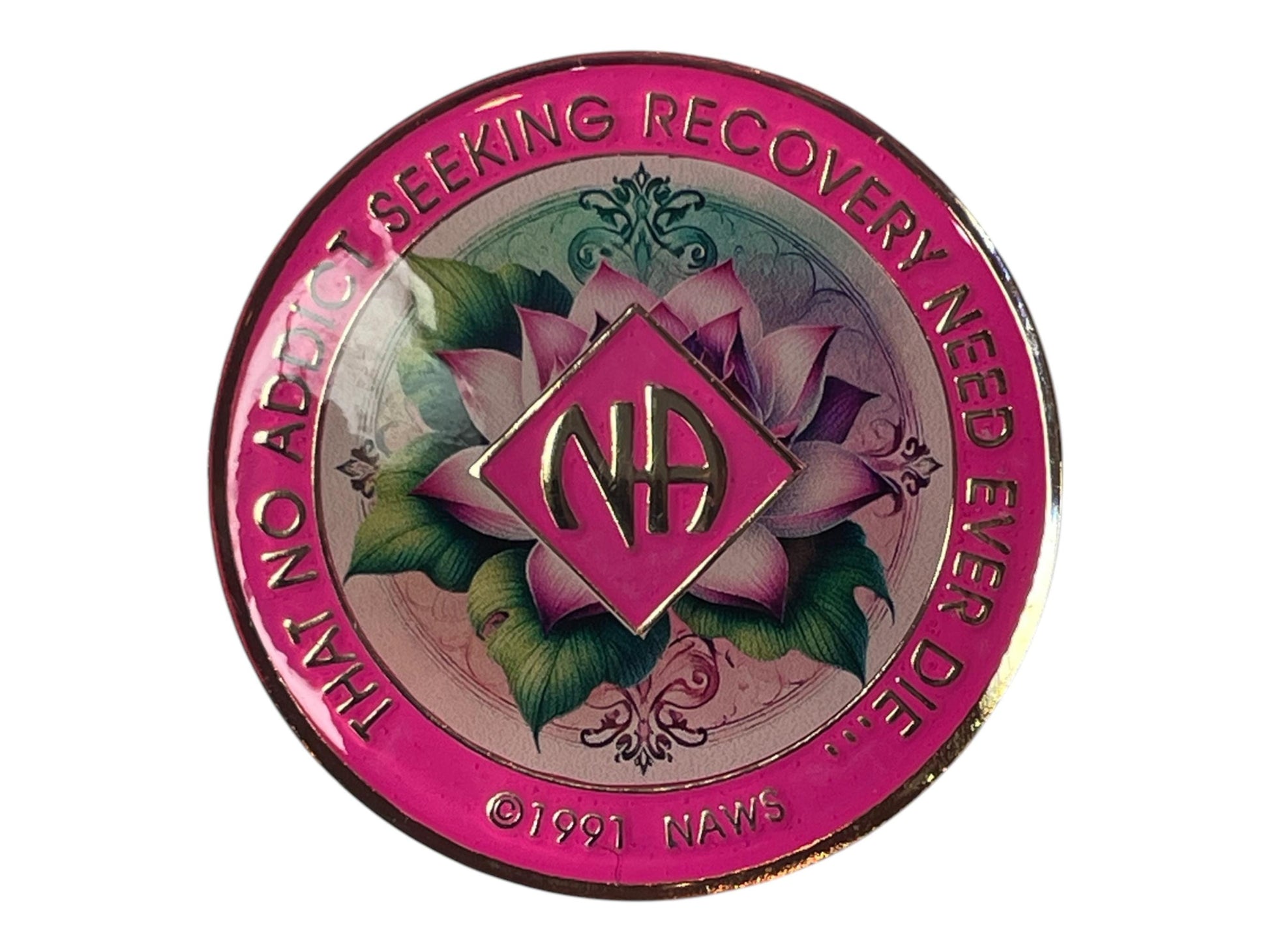 Narcotics Anonymous recovery medallion featuring a pink lotus flower design, symbolizing spiritual growth, renewal, and serenity in sobriety, with the NA logo centered and a bright pink enamel border.