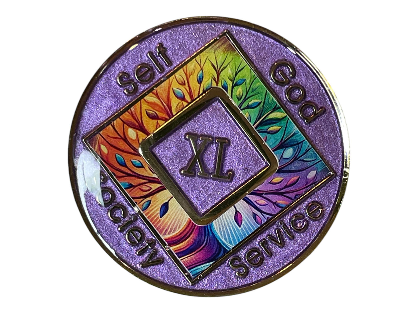 Narcotics Anonymous purple glitter 40-year recovery medallion featuring a vibrant rainbow Tree of Life design with the words ‘Self, God, Society, Service’ symbolizing balance and growth in sobriety.